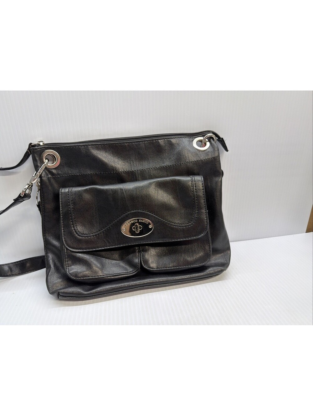 Black Leather Multi Pocket Shoulder  Franco Sarto Front Flap Pocket Logo Retro